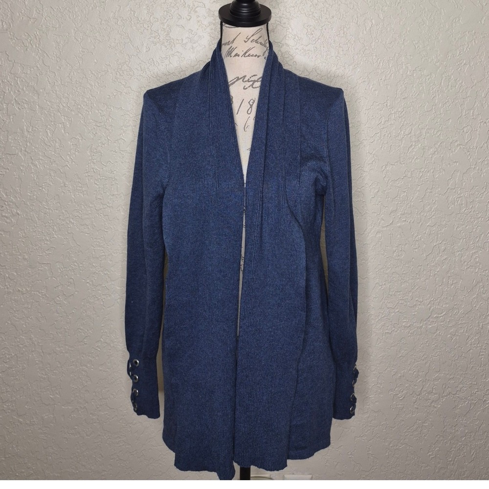 Pointelle Navy Blue Open Front Cardigan Shawl Collar Grommet Lace Up Cuff Medium